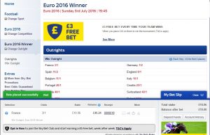 SkyBet FRee 3 Bet Euro 2016
